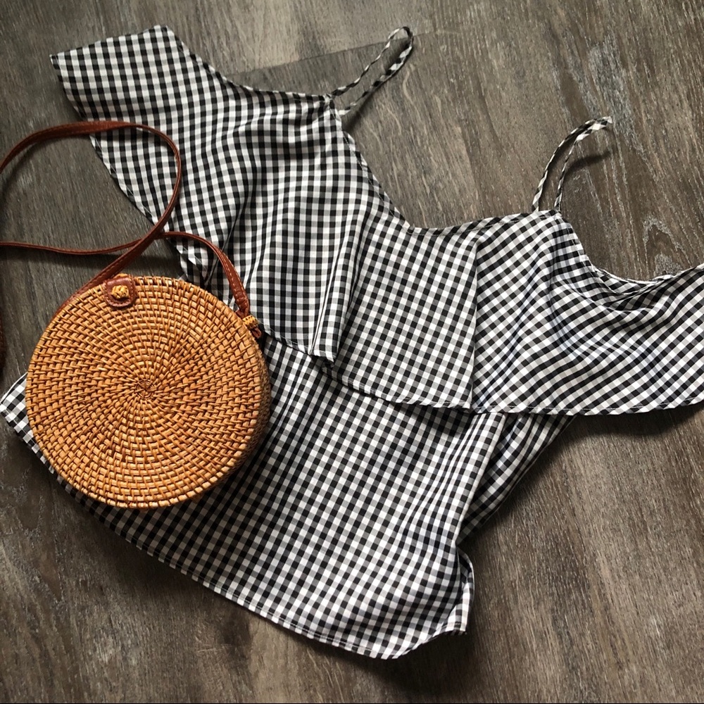 Black + White Gingham Cold-Shoulder Top